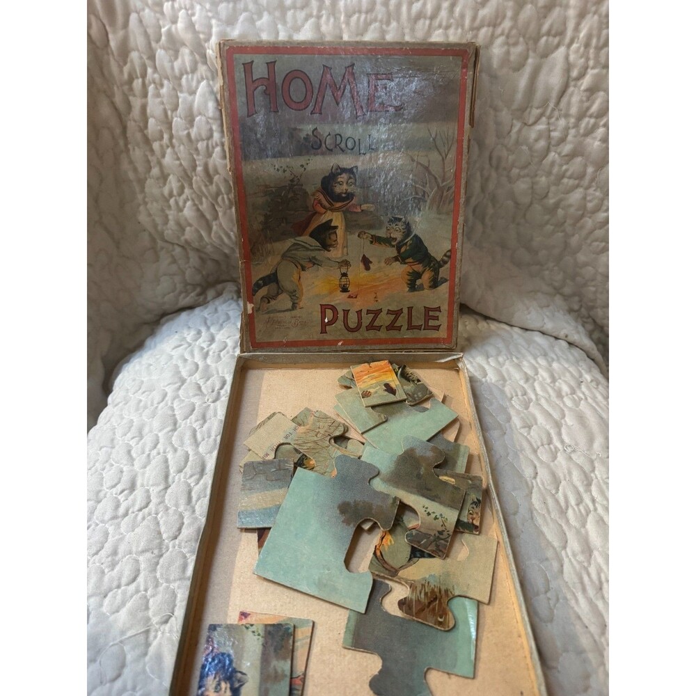 Antique 1898 McLoughlin Bros Home Scroll Puzzle Cats Original Box